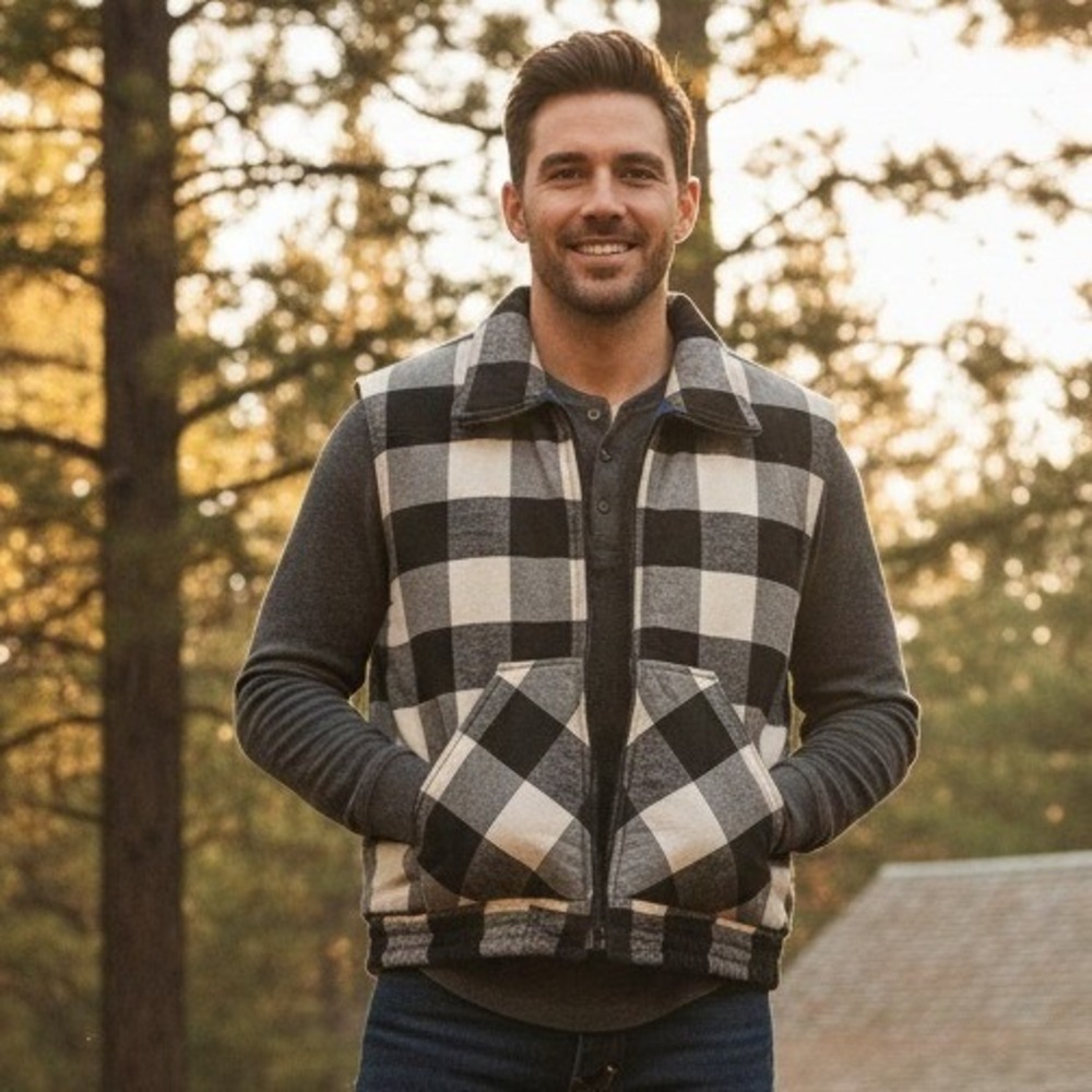 Branded Lion Vest Mens Large Black Blue Plaid Reversible Hunting Clueless Preppy